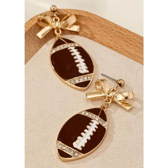 NWT 18K Bling Rhinestone Gold Toned Bowknot Football Dangle Earrings - Picture 6 of 7